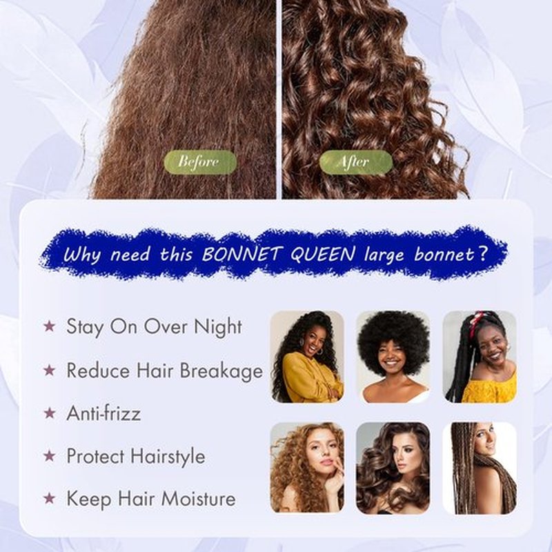BONNET QUEEN Silk Satin Bonnet for Sleeping Women Adjustable for Curly Dryer Braid Wig Hair Tie Band Night Hat Cap Loc Soft Elastic Blue
