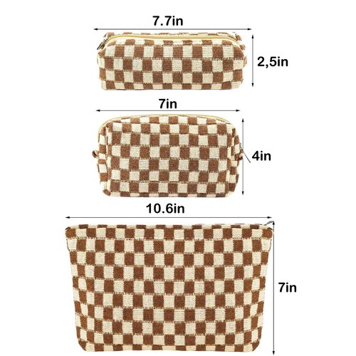 ZLFSRQ 3Pcs Checkered Makeup Bag for Women Large Cosmetic Bag Set Travel Toiletry Bag Makeup Pouch Bag for Purse Brown Zipper Storage Bag Organizer Cute Small Aesthetic Girls Car Essentials Bag