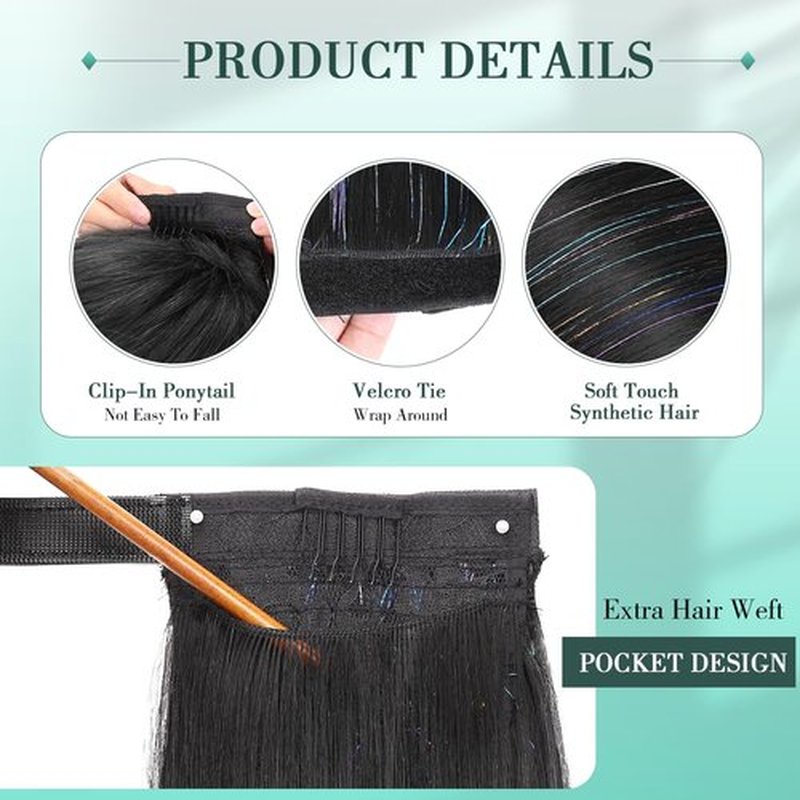 WIGER Long Straight Ponytails Tinselled Straight Hair Extension Wrap Around 26 Inch Black Synthetic Clip-in Hairpiece with Tinsel for Women