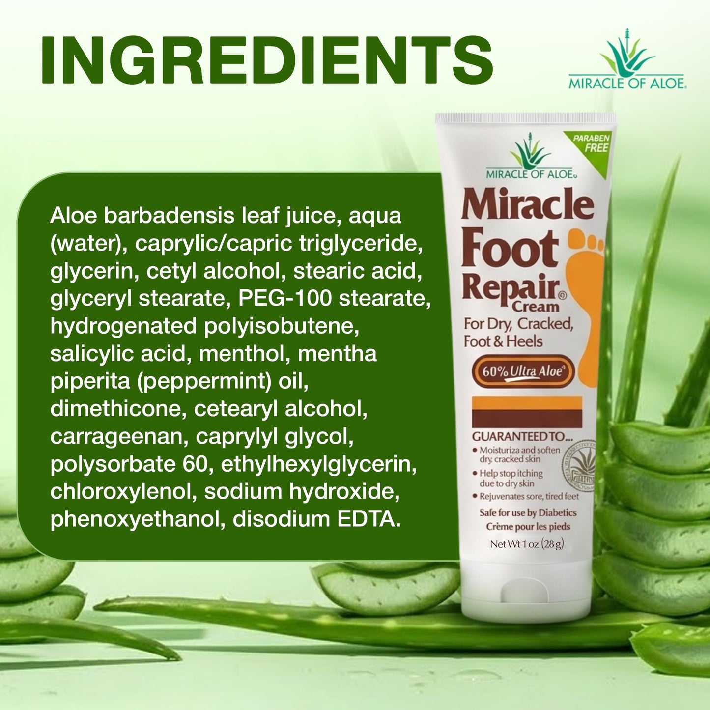 Miracle Foot Repair Cream (8 oz & 1 oz) Repairs Dry Cracked Heels and Feet, 60% Pure UltraAloe Moisturizes, Softens, and Repairs
