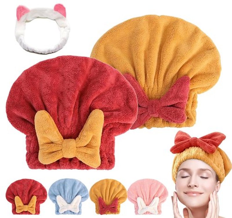 New Super Absorbent Hair Towel Wrap for Wet Hair, Efficient Absorbent Hair Towel Wrap, Microfiber Hair Towel Wrap, Quick-Drying Thickened Soft Bow Tie Wet Hair Towel Wrap for Women (Red&Yellow)