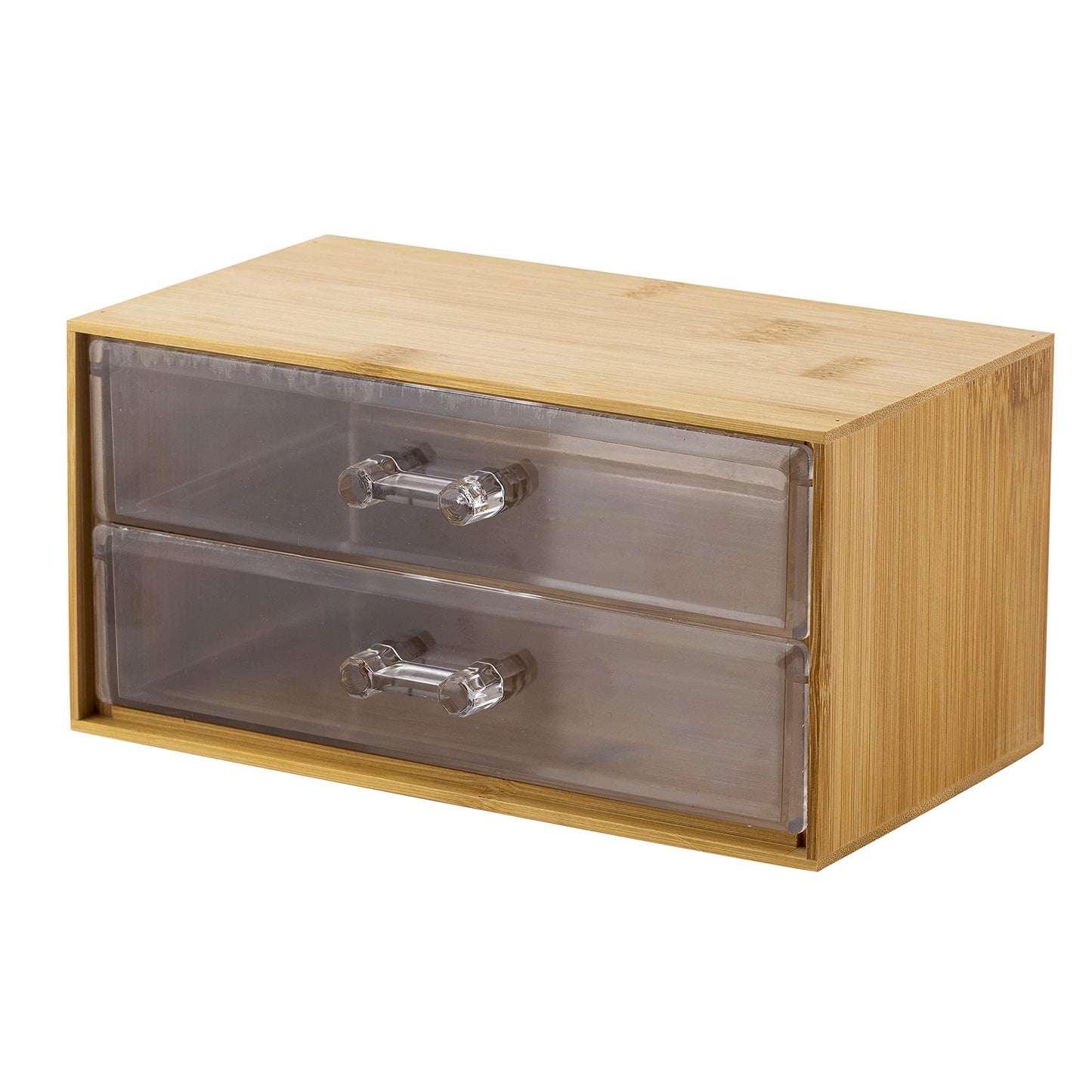 Simplify 2 Tier Cosmetic and Jewelry Holder | Drawer Organizer | Chest | Holds Make Up and Accessories | Bathroom Vanity Countertop & Dresser Storage | Clear & Bamboo