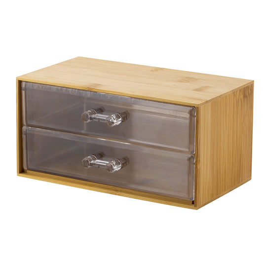 Simplify 2 Tier Cosmetic and Jewelry Holder | Drawer Organizer | Chest | Holds Make Up and Accessories | Bathroom Vanity Countertop & Dresser Storage | Clear & Bamboo