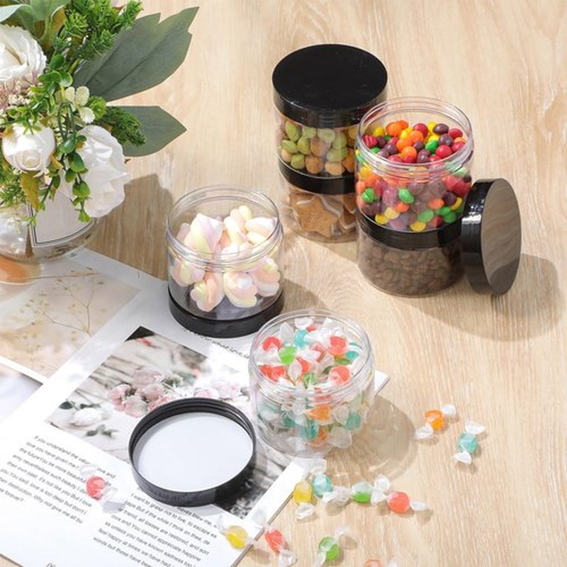 6 Pack Clear Container with Lids Small Plastic Pot Jars Wide Mouth Round Leak Proof Plastic Container Jars with Lid for Travel Storage, Eye Shadow, Nails, Paint, Jewelry (Black, 10 oz)