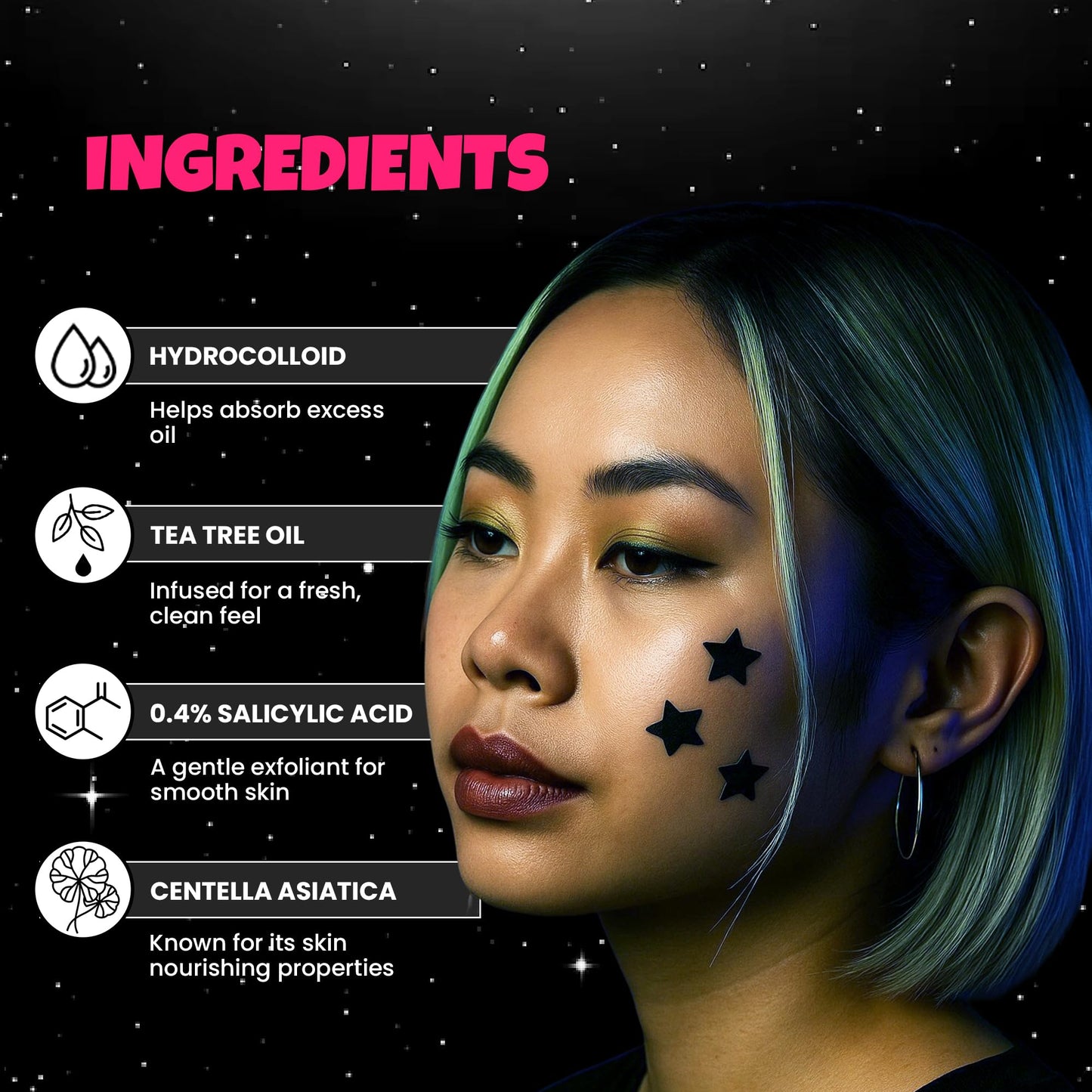 Andlane 280Pcs Star Pimple Patches for Face - Pimple Patches Cute Stars - Hydrocolloid, Salicylic Acid, Tea Tree Oil, Centella - Black Color, 3 Sizes Zit Stickers