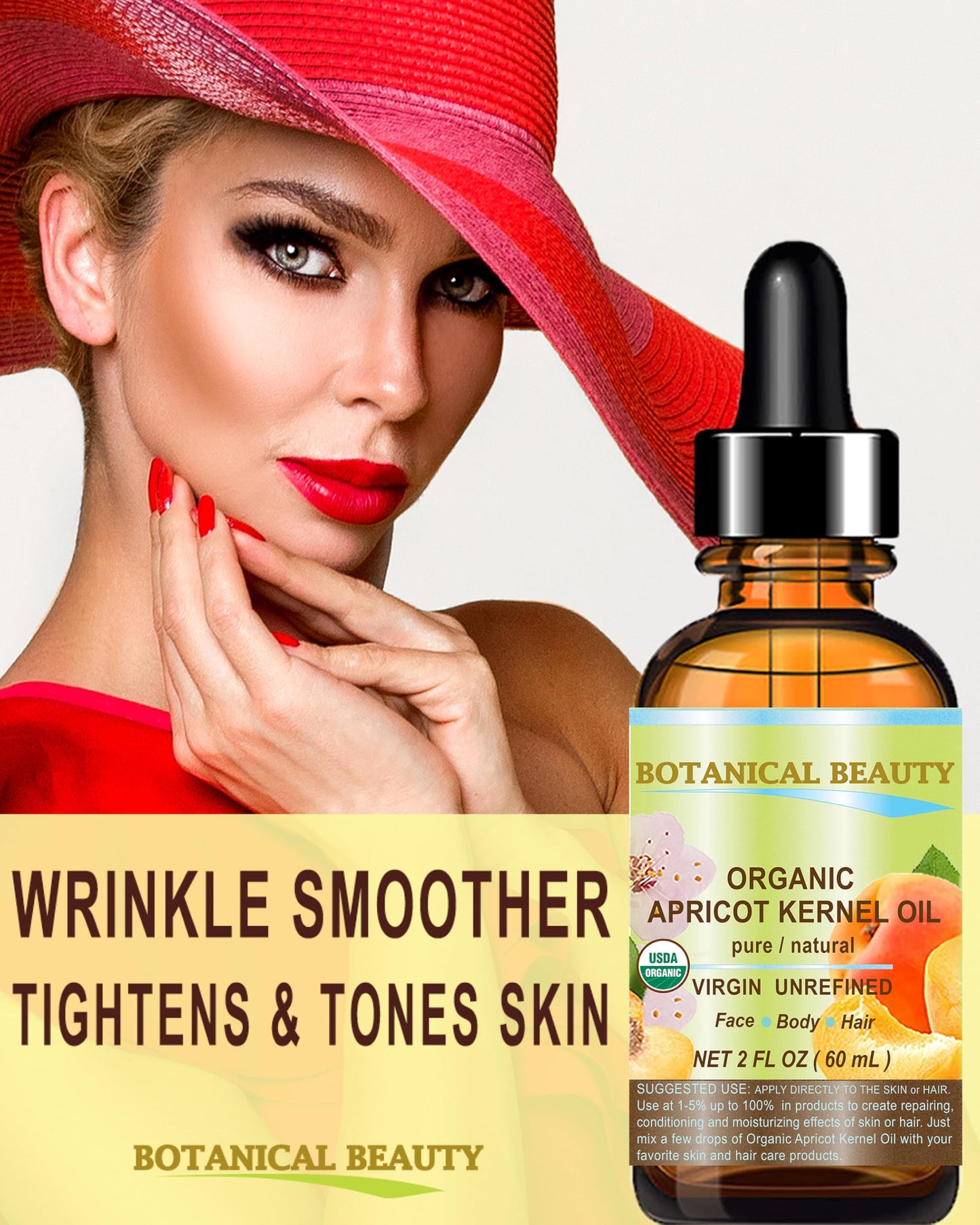 Botanical Beauty ORGANIC APRICOT KERNEL OIL Australian. 100% Pure Virgin Unrefined Cold Pressed Carrier Oil 1 oz- 30 ml. For Face, Hair, Body, Nails, Skin, Anti - aging