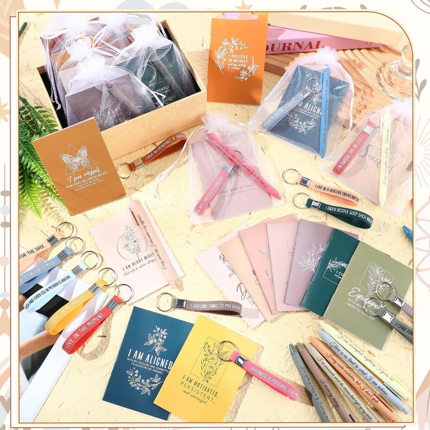 Mooliwe 24 Set Positive Affirmation Gift Set Gratitude Notebooks with Pens Keychains Small Bags Motivational Party Favors for Adult Women Coworkers Employee Group (Vibrant)
