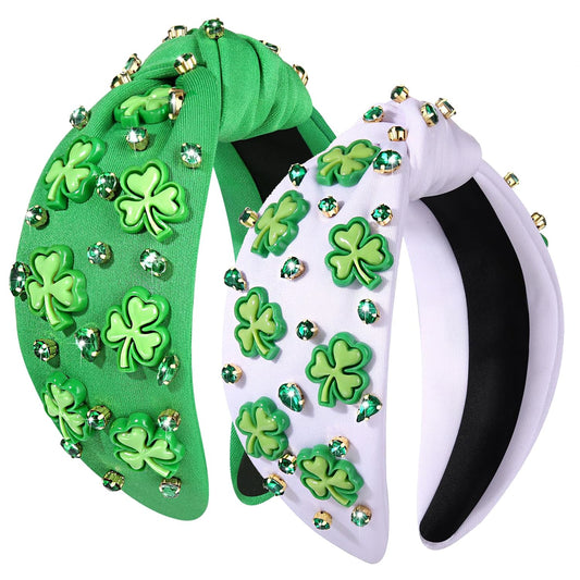 CEALXHENY 2 Count St. Patrick's Day Headband, Green Shamrock Embellished Crystal Rhinestone Knotted Headband, Irish Holiday Hair Accessories Gifts