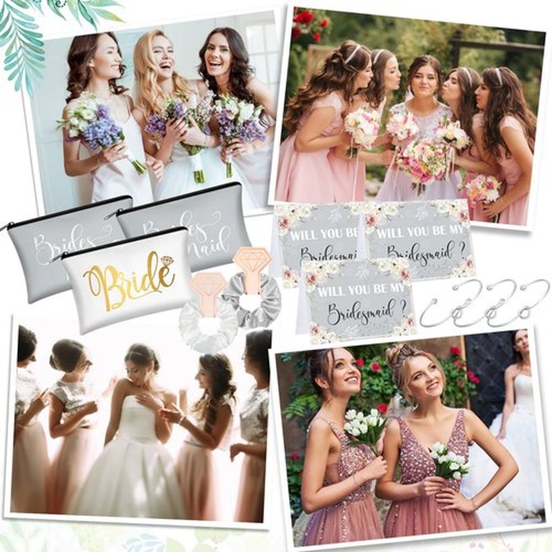 63 Pcs Bridesmaid Proposal Gifts Bulk Maid of Honor Gifts Matron of Honor Gifts Brides Bridesmaid Cosmetic Makeup Bag Hair Knotted Bracelets Invitation Cards for Wedding Bachelorette (Rhinestone)