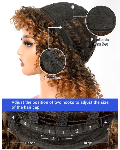 Marshey Afro Curly Wigs with Bangs for Black Women Kinky Curly Synthetic Hair Heat Resistant 12 Inch Short Ginger Wig for Daily Party (Ombre Brown)
