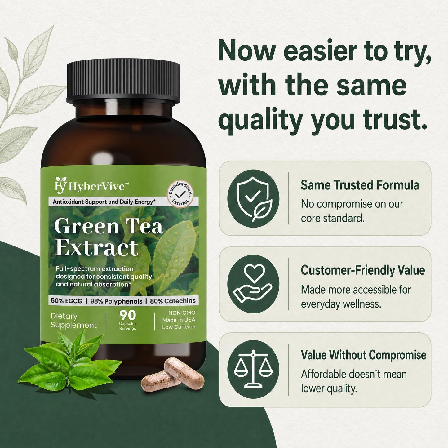 HyberVive Green Tea Extract 450MG, High-Potency 50% EGCG (Standardized), 98% Polyphenols & 80% Catechins, Antioxidant & Metabolic Support, Naturally Low in Caffeine, Non-GMO, Made in USA, 90 Capsules