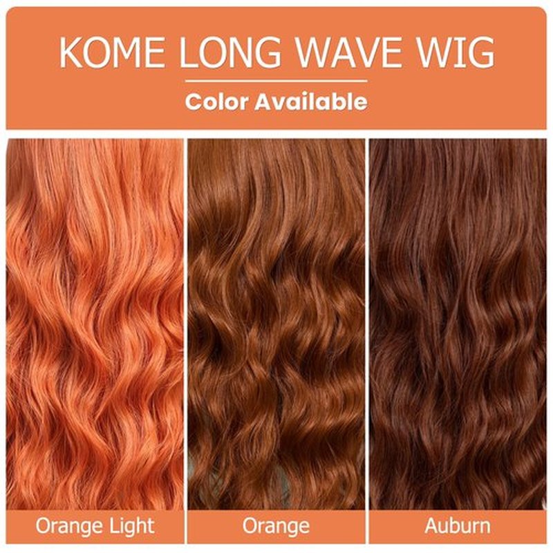 KOME Orange Wigs with Bangs,Orange Wig for Women Long Wavy Wig for Women,Long Curly Wigs Synthetic Hair Wig for Party Cosplay Daily Use 26IN