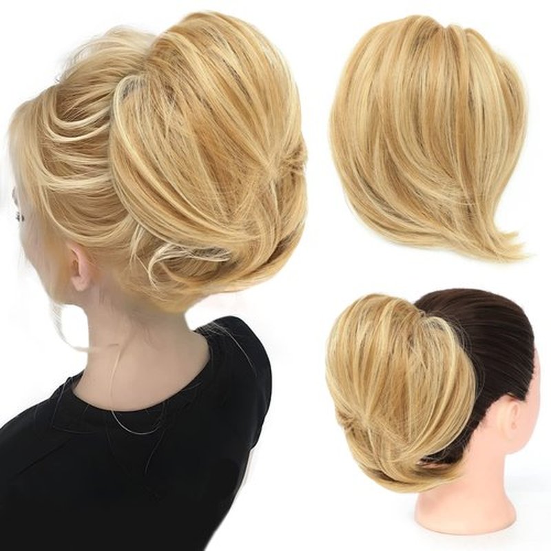 HSLHDI Messy Hair Bun Hair Piece for Women Short Bun Tousled Synthetic Elastic Scrunchies Hairpiece for Women Girls (1-1pcs, Natural Blonde & Lightest Blonde 24H613#)…