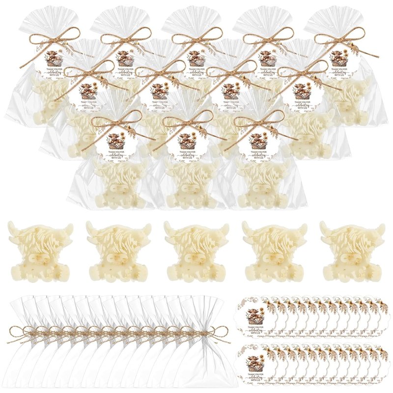 Highland Cow Baby Shower Soap Favors - 20 Sets Handmade Oat Soaps with Greeting Cards | Farmhouse Woodland Theme