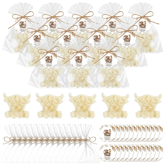 Highland Cow Baby Shower Soap Favors - 20 Sets Handmade Oat Soaps with Greeting Cards | Farmhouse Woodland Theme