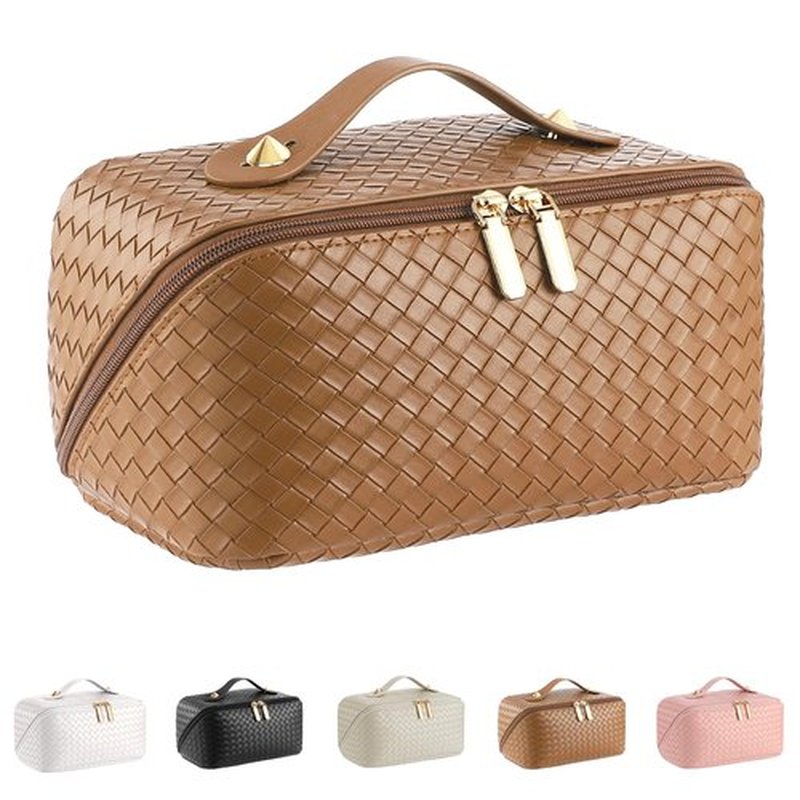 ALEXTINA Large Capacity Travel Cosmetic Bag - PU Leather Makeup Organizer Bag Portable Woven Makeup Bags for Women Waterproof Travel Toiletry Bag with Divider Pouch, Brown