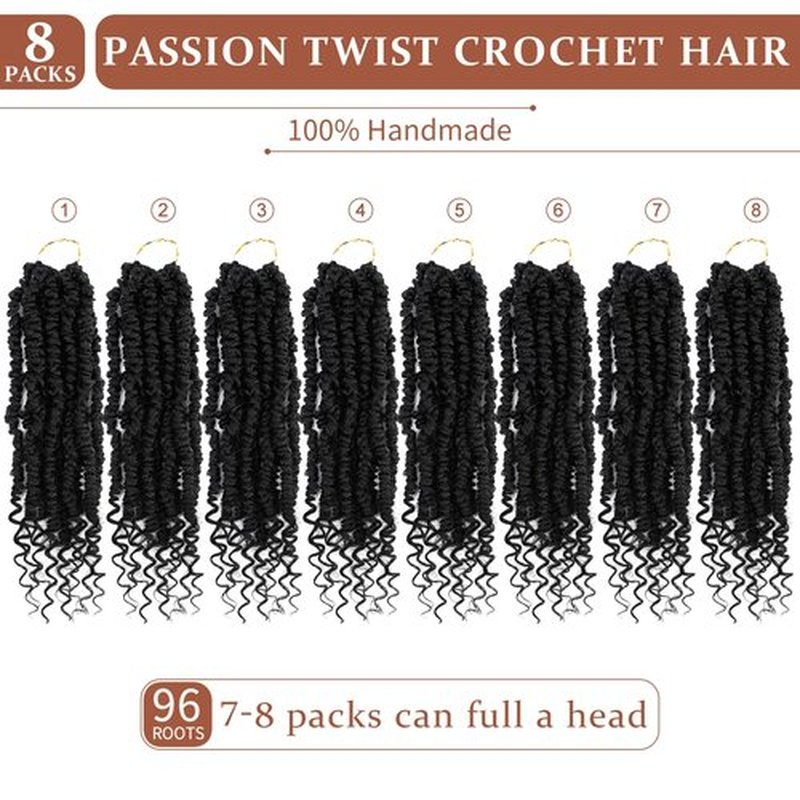 Passion Twist Crochet Hair,Passion Twist Hair 8 Inch,8 Packs Pre-twisted Passion Twist Hair,Short Passion Twist Crochet Braids,Pre Looped Crochet Hair for Black Women(1B)