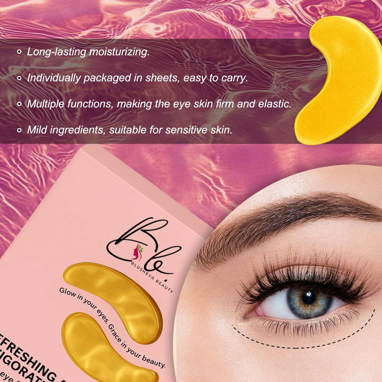 Blusheva Beauty Gold Under Eye Mask 24 Pairs, Collagen Eye Patches, Undereye Mask Patches Eye Masks for Dark Circles and Puffiness, Eye Patches for Puffy Eyes and Dark Circles, Vegan Cruelty Free