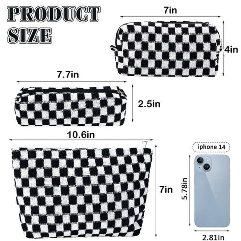 ZLFSRQ 3Pcs Checkered Makeup Bag for Women Large Cosmetic Bag Set Travel Toiletry Bag Makeup Pouch Bag for Purse Black Zipper Storage Bag Organizer Cute Small Aesthetic Girls Car Essentials Bag