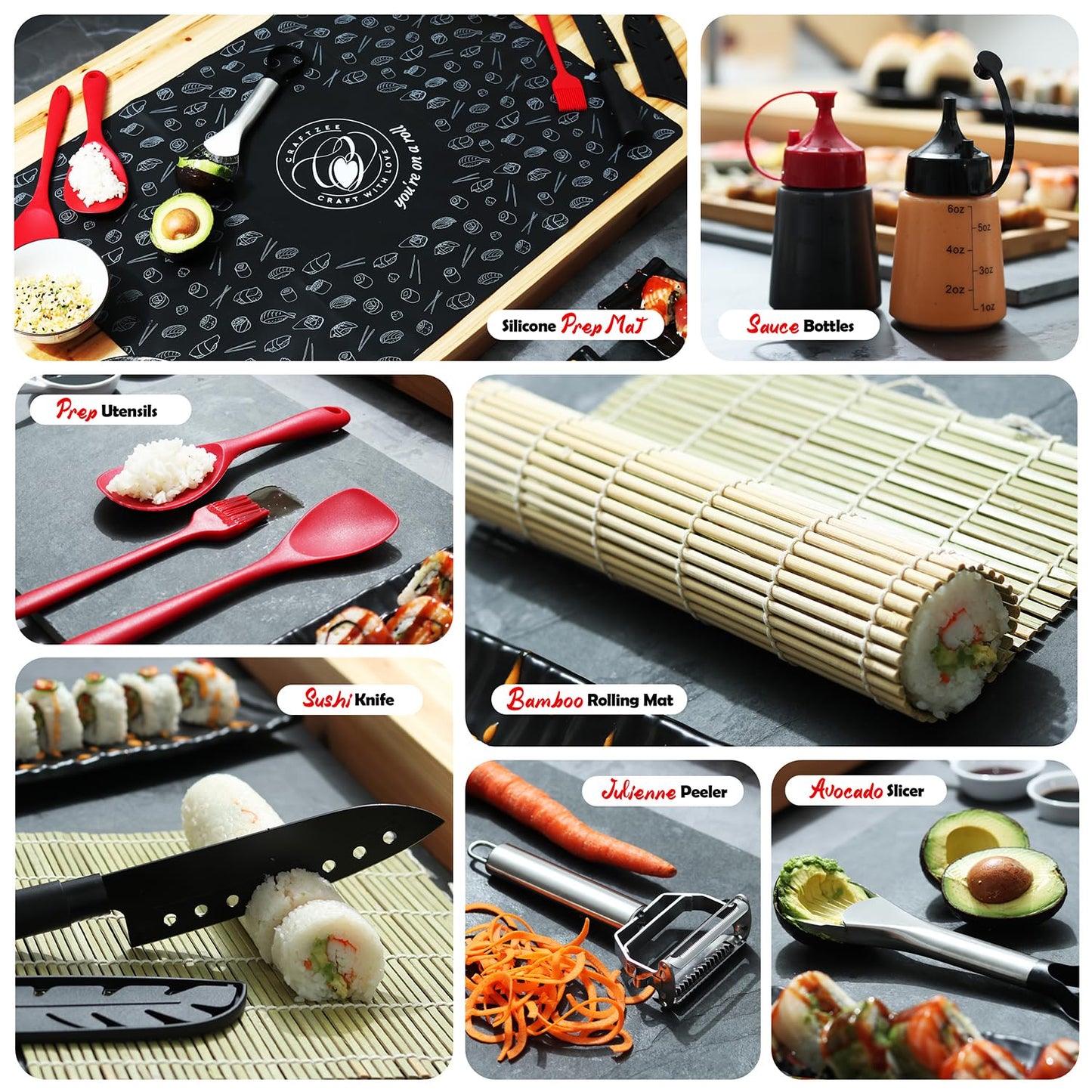 CraftZee Sushi Making Kit - Complete Sushi Maker Kit with Bazooka Roller, Rice Cooker, Onigiri, Nigiri & Musubi Mold, Rice Ball Mold, Bamboo Rolling Mat, Knife, Guide Book & More