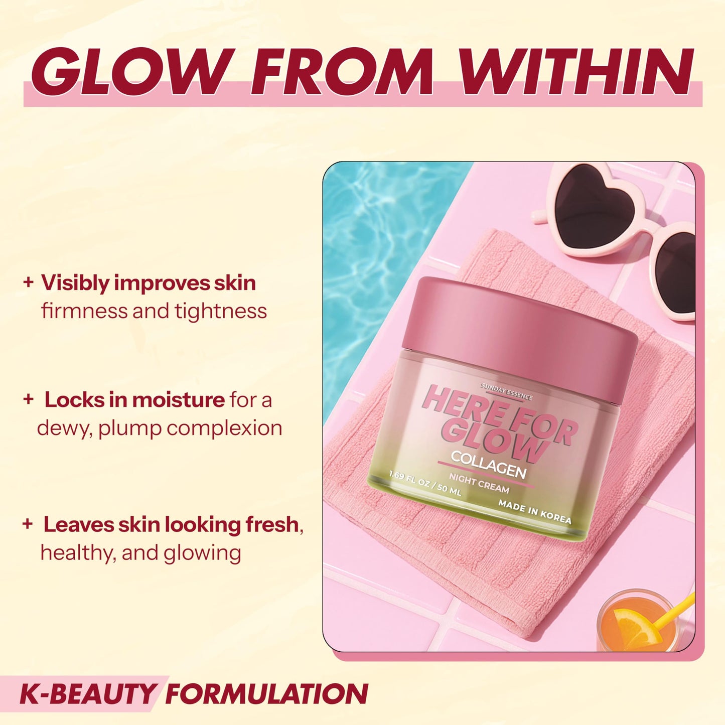 Sunday Essence Collagen Night Cream - Dermatologist Tested, Korean Skin Care, Anti-Aging - Hydrating Moisturizer, Retains Moisture - Vegan, Non- GMO, Clean Beauty, 95% Natural - 1.69 Fl Oz