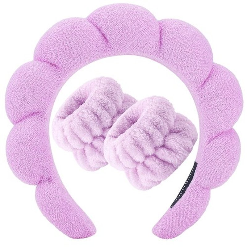 Zkptops Spa Headbands for Washing Face Wristband Set Sponge Makeup Skin Care Purple Headband Towel Bubble Soft Hairband for Women Girls Cute Puffy Headwear Winter Non Slip Thick Thin Hair Accessory