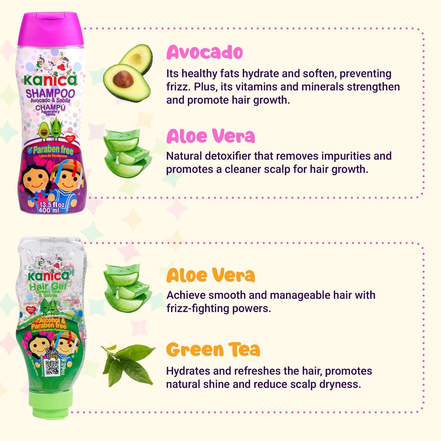 Kanica Aloe Vera & Avocado Hair Care Kit - 13.5oz Shampoo + 9.29oz Alcohol-Free Gel - Nourishing Products for Kids & All Hair Types - Paraben & Cruelty Free & Harsh Chemical-Free
