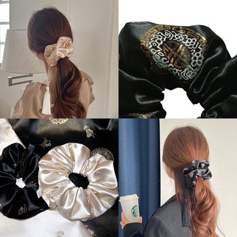 Generic WSF Korean Hanbok Scrunchies for Women - Handmade Soft Scrunchies for Hair & Hair Ties - Black Scrunchie