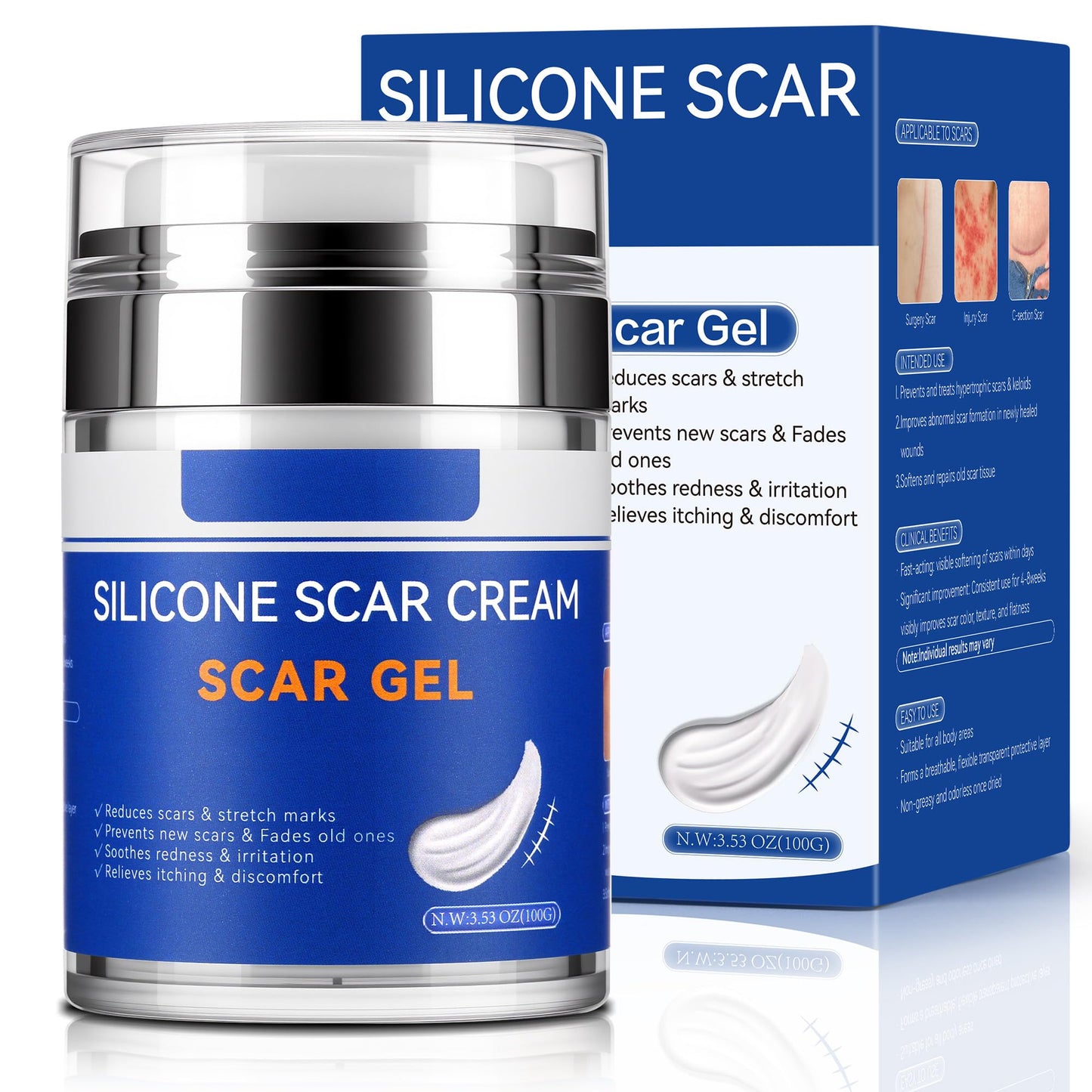 Crobirware Silicone Scar Cream Gel - [3.53 oz / 100g] Jumbo Value Pack - Advanced Gel for Old & New Scars, C-Section, Stretch Marks, Surgery, Acne, Burns, Keloids - Face & Body