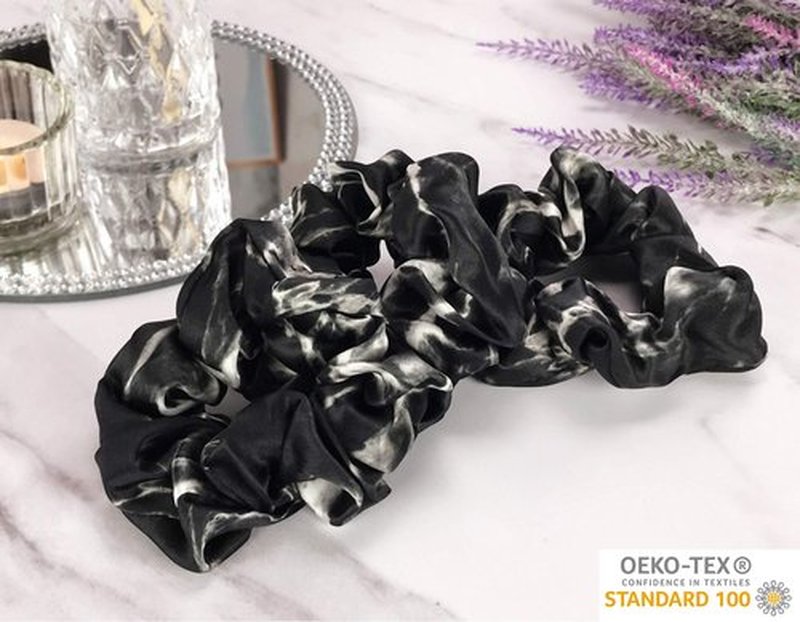 Celestial Silk Mulberry Silk Scrunchies for Hair (Black Marble)