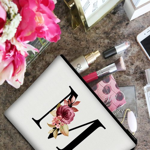 Vavabox A-Z Personalized Makeup Bag,Birthday Gifts for Women Mom,Gifts for Best Friend,Bride Bridesmaid Cosmetic bag (M, White)