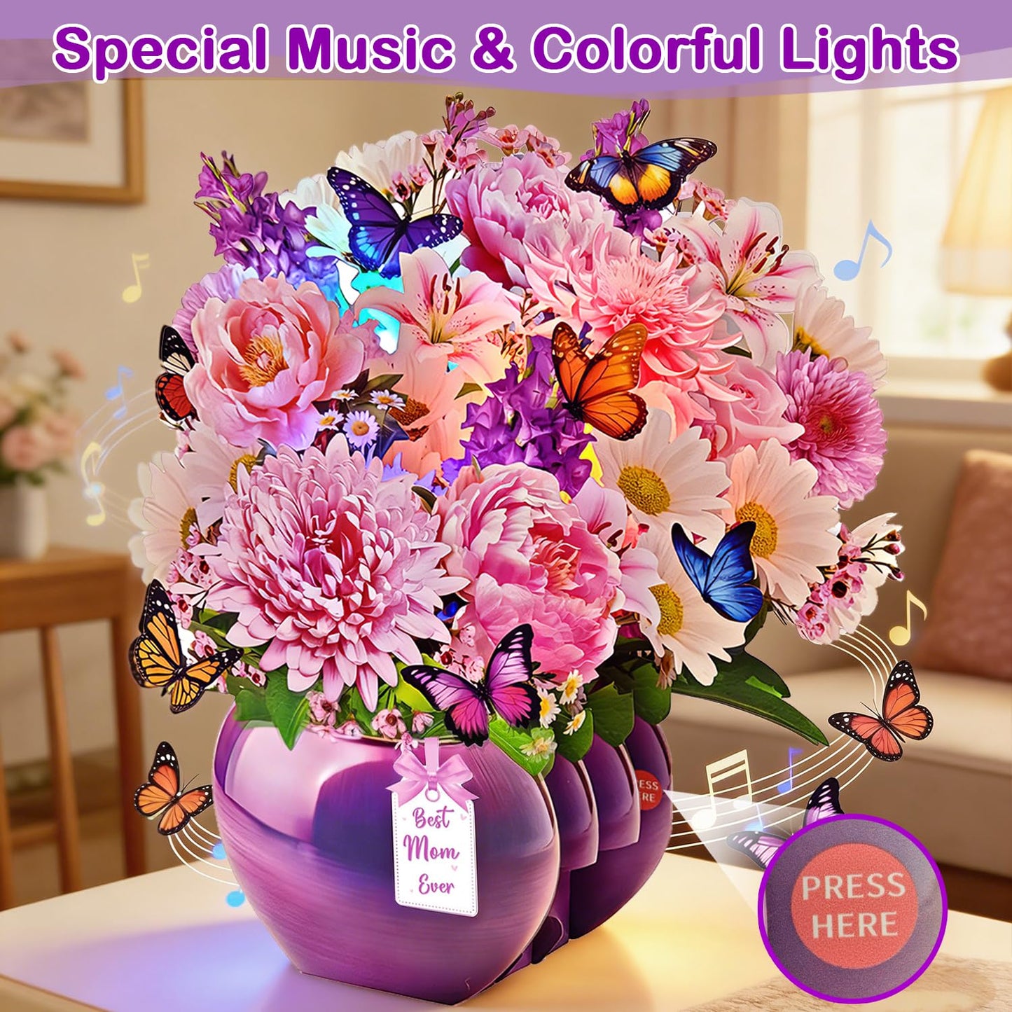 XUNXMAS Birthday Card–Happy Birthday Card Peony Flower Bouquet Design, Perfect Mother’s Day, 3D Pop Up Birthday Card for Mom with Music&Lights, Anniversary for Wife, Mother, Her (Peony Mother's Day)