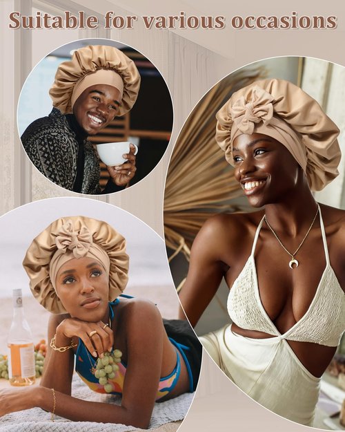 Reversible Satin Bonnet for Sleeping Women Silk Bonnet Double Layer Hair Bonnet with 2PCS Hair Scrunchies Elastic Tie Band Night Cap Hair Wrap for Natural Curly Hair (Coffee + Champagne)