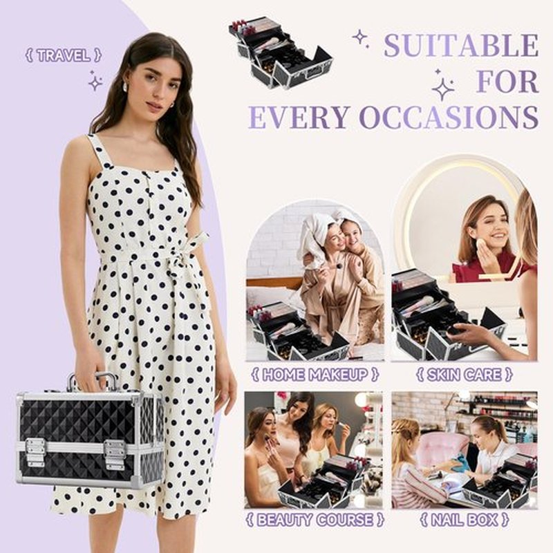 Leeora&Leekoo Makeup Train Case Cosmetic Box Portable Makeup Case Organizer 2 Trays Makeup Storage with Mirror for Cosmetologist Aesthetic Supplies Nail Tech Traveling Makeup Box (Watercube)