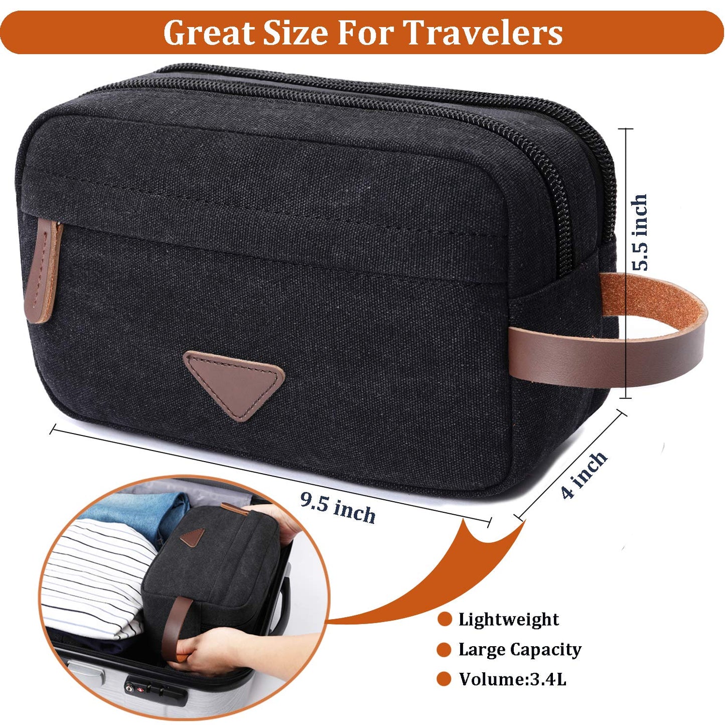 Mactso Men's Toiletry Bag, Vintage Canvas Leather Travel Dopp Kit with 2 Compartments, Heavy Duty Zipper, 9.5x5.5x4 Inch Retro Shaving Makeup Organizer for Business Travel Gym Camping (Black)