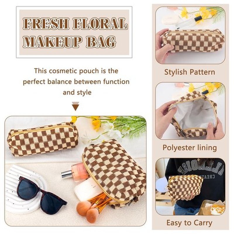 ZLFSRQ 2Pcs Checkered Makeup Bag for Women Pencil Pouch Travel Small Cosmetic Bag Set Cute Makeup Pouch Purse Pencil Case Pencil Bag Zippered Toiletry Bag Organizer Preppy Trendy Storage Bag(Brown)