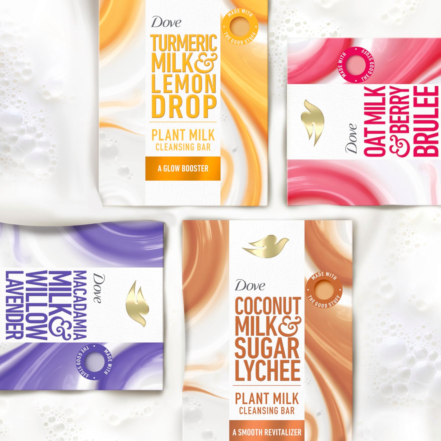 Dove Plant Milk Cleansing Bar Soap Turmeric Milk & Lemon Drop Glow Booster for Moisturized Skin Gentle Cleanser, No Sulfate Cleansers or Parabens, 98% Biodegradable Formula 5 oz, (Pack of 8)