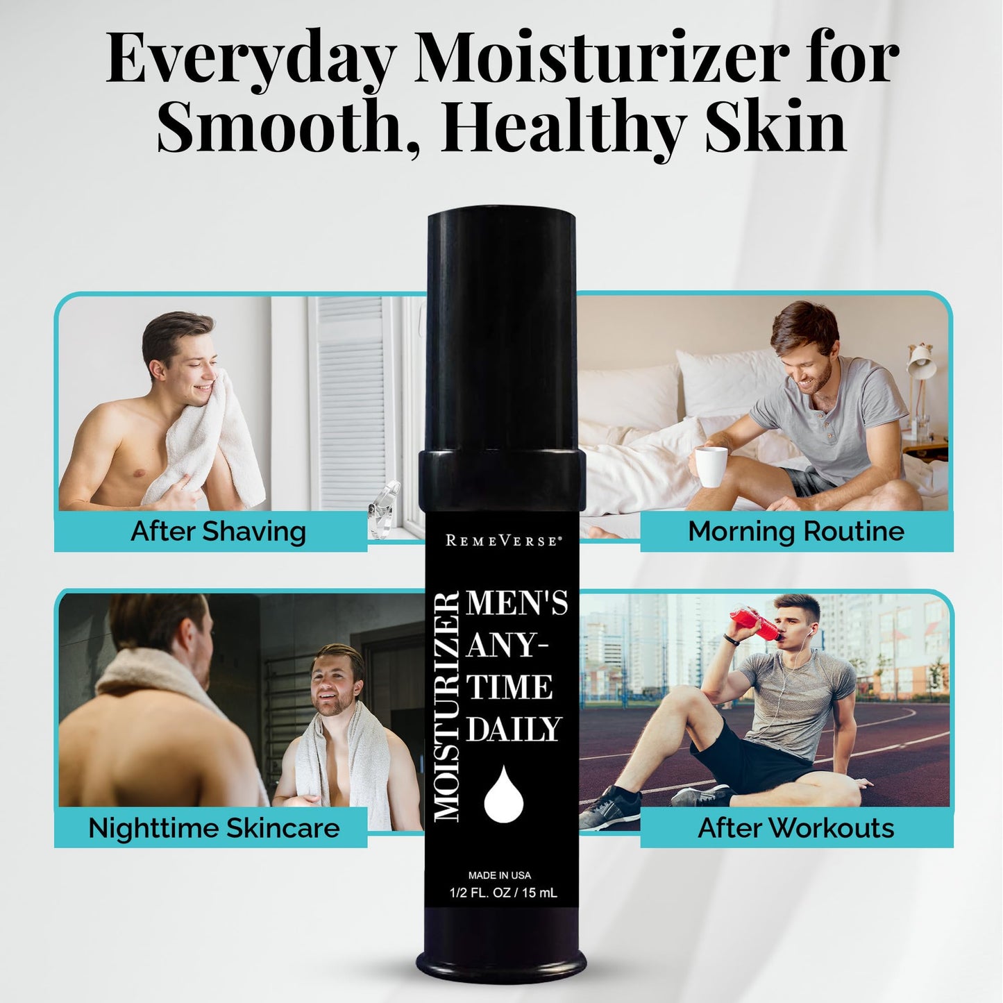 RemeVerse Men’s Anytime Daily Moisturizer with Hyaluronic Acid, Peptides, Vitamins C & E, Collagen, Green Tea - Smoothes & Hydrates Skin, Fragrance-Free, Water-Based, Youthful Care Formula - 15ml