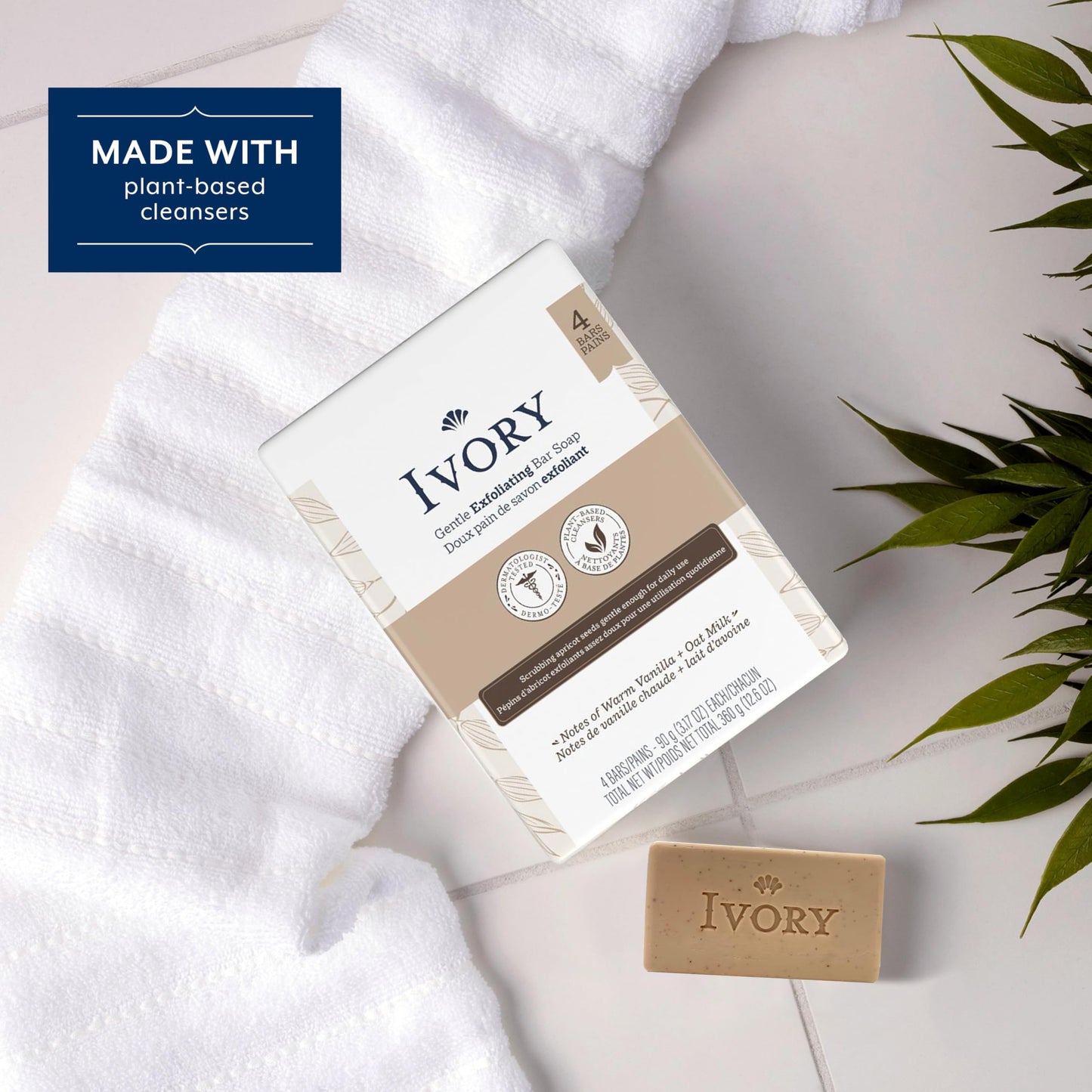 Ivory Exfoliating Bath Bar Soap, Designed for Whole Family with Plant-Based Cleansers, Made Without Heavy Perfumes, Parabens or Phthalates, Warm Vanilla + Oat Milk Scent, 3.17 oz (4 Count) (Pack of 8)
