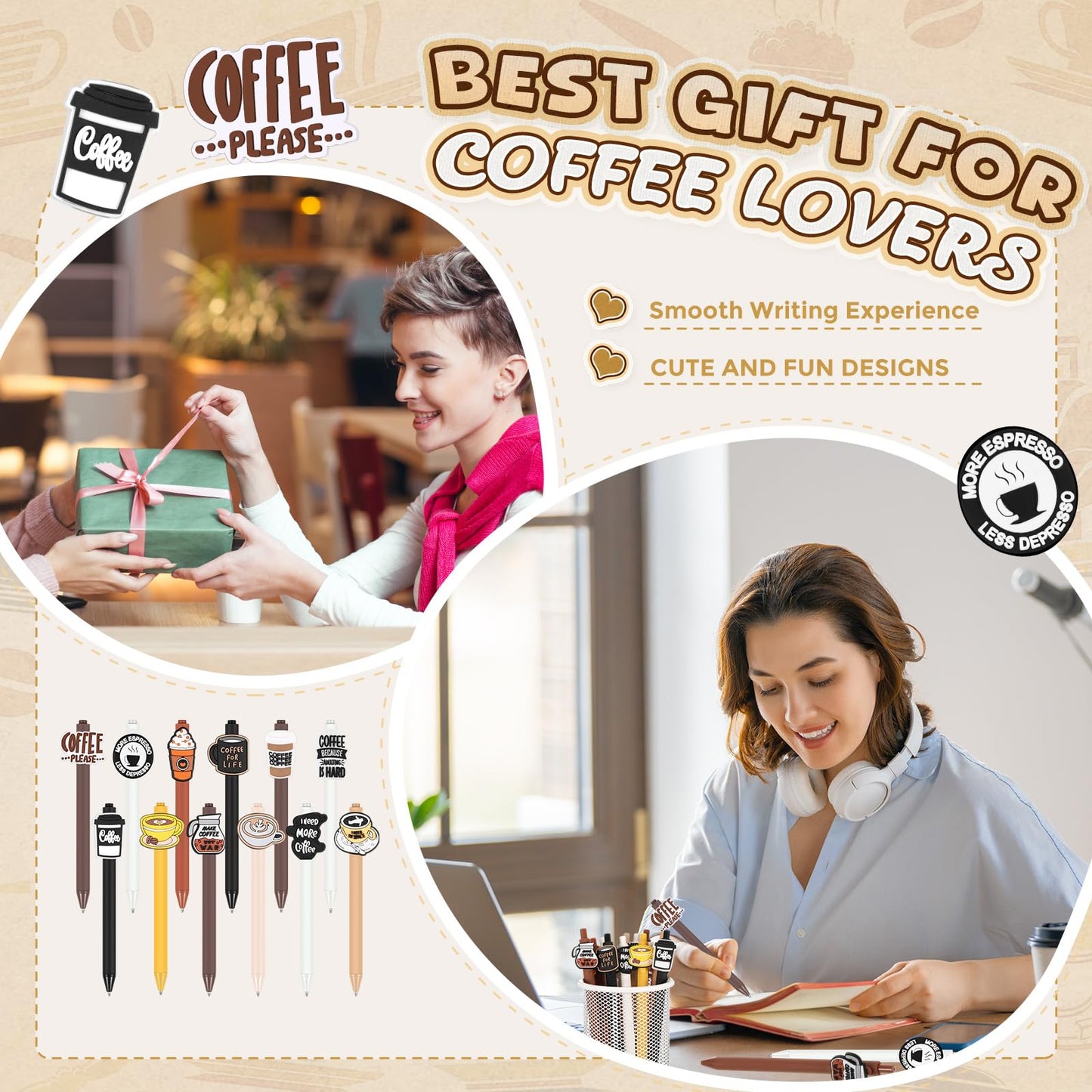 Engrowtic 12 Pcs Funny Pens Set Cartoon Retractable Writing Pens Bulk Black Ink Gifts for Women Office Party Favors(Dark Color,Coffee)