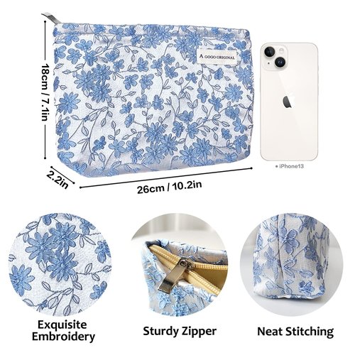 STARDW Makeup Bag for Women and Girls Travel Toiletry Bag Large Capacity Makeup Organizer Bag Flower Cosmetic Bags Zipper Pouch (Embroidery Blue)