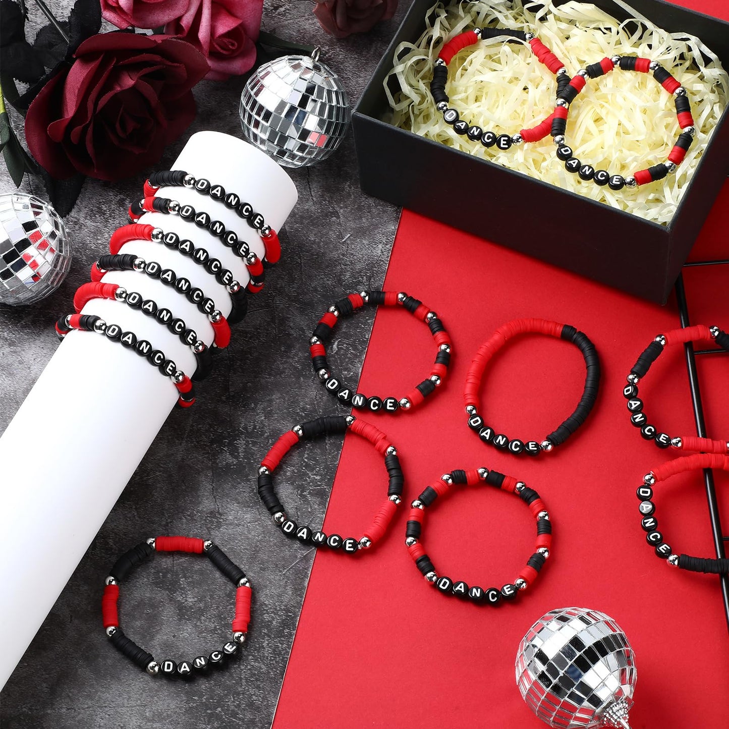 Landical 30 Pcs Dance Bracelets Bulk for Women Merchandise for Fans, Friendship Heishi Bracelets for Concert Outfits Party Favors, Gifts for Fan, Valentine Gifts Party Favors(Black Red)