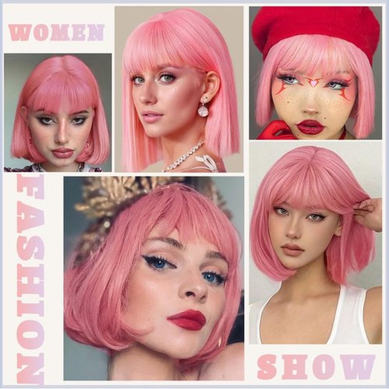 WERD Short Pink Bob Wig for Women Light Pink Wig with Bangs Synthetic Hair Straight Pink Bob Wig for Daily Party Cosplay