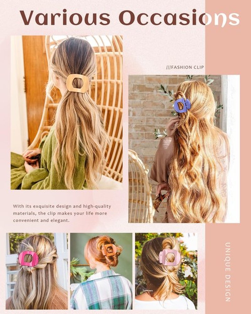 6 PCS Flat Hair Clips for Women Medium Non-slip Flat Claw Clip Strong Grip Hair Claw Clips Hair Barrettes for Thin Hair (Orange+Lavender+Pink+Ginger+Rose Red+Light Blue)