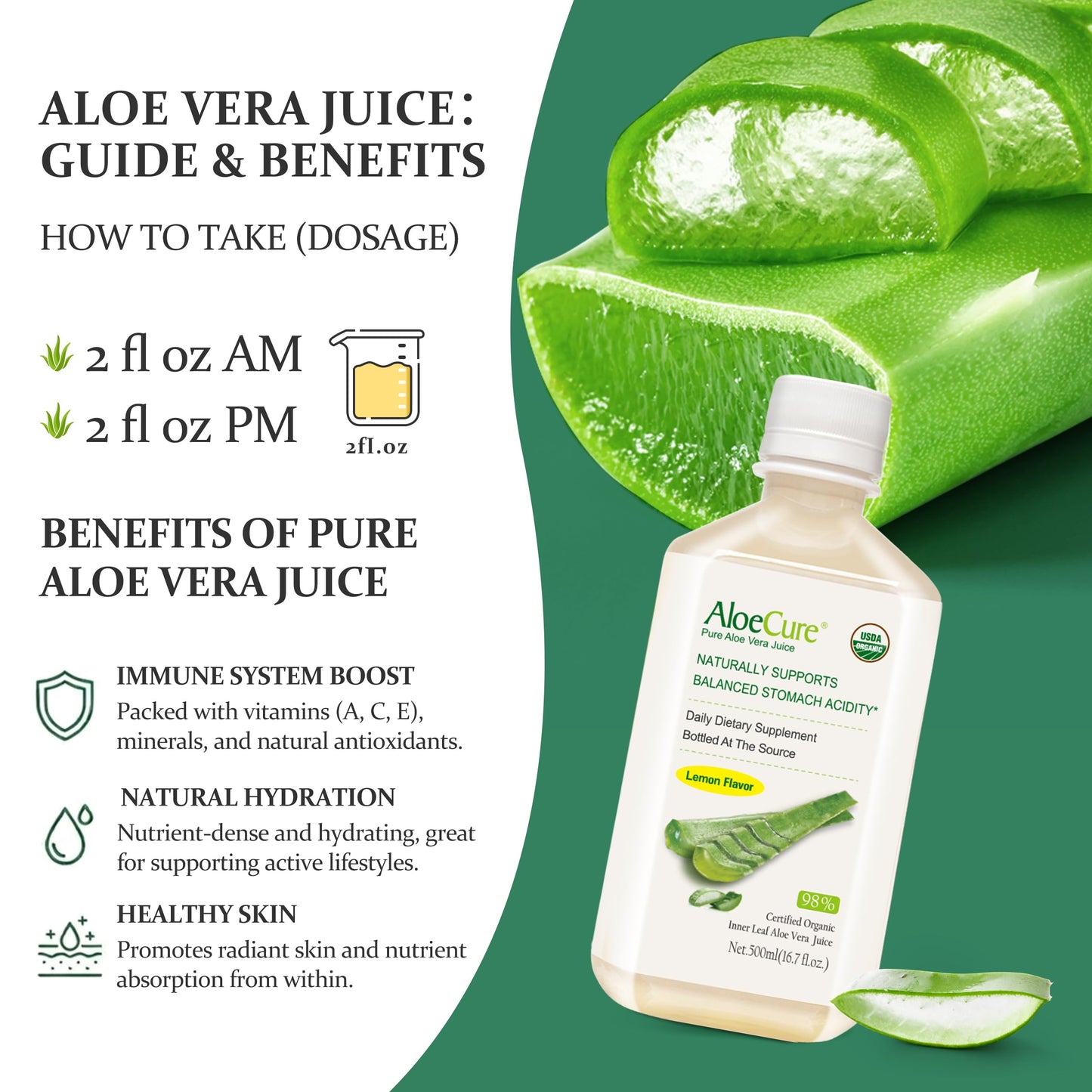 AloeCure USDA Organic Aloe Vera Juice Lemon Flavor - Made Within 12 Hours of Harvest - Natural Digestive Supplement for Balanced Stomach Acidity - Support Digestive and Immune Health - 1 Btl x 16.7oz