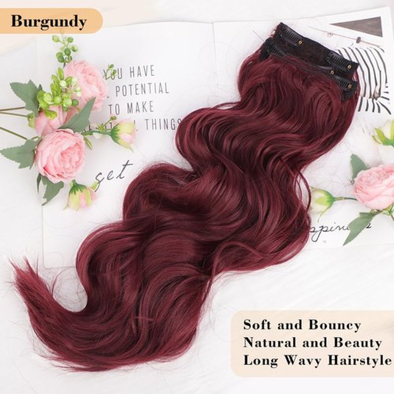 AISI BEAUTY Long Wavy Burgundy Hair Extensions Clip in Synthetic Hair Extensions for Women 20 Inch 4PCS Thick Hairpieces Fiber Hair Extensions(Burgundy)