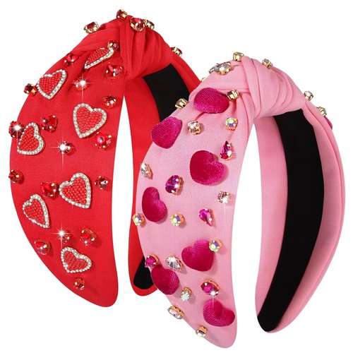CEALXHENY Beaded Pink and Red Heart Headband for Women - Jeweled Rhinestone Crystal Wide Top Knot Headband, Valentines Outfit and Gift (2PCS)