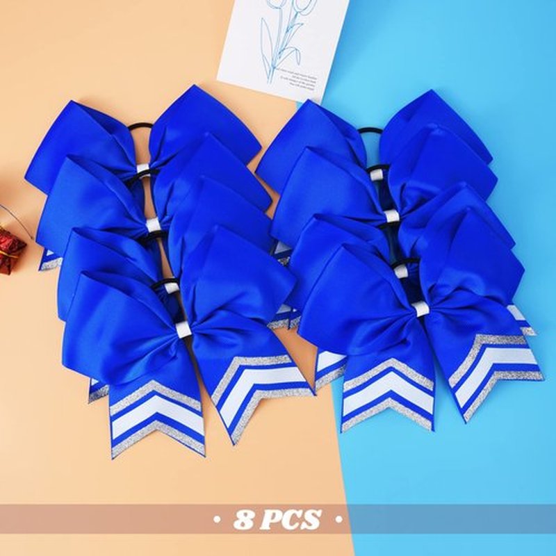 DEEKA 8PCS Large Glitter Cheer Bows Shiny 7" Cheer Hair Bows Ponytail Holder Handmade for Cheerleader Girls Softball Sports -Royal Blue/g Silver