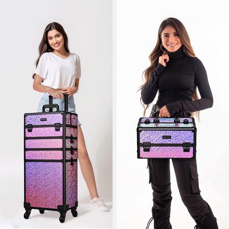 BYOOTIQUE Rolling Makeup Train Case 4in1 Cosmetic Trolley Organizer Travel Case Lockable Salon Barber Case Traveling Cart Trunk with Wheels for Makeup Artist Trave Nail, Mermaid Pink