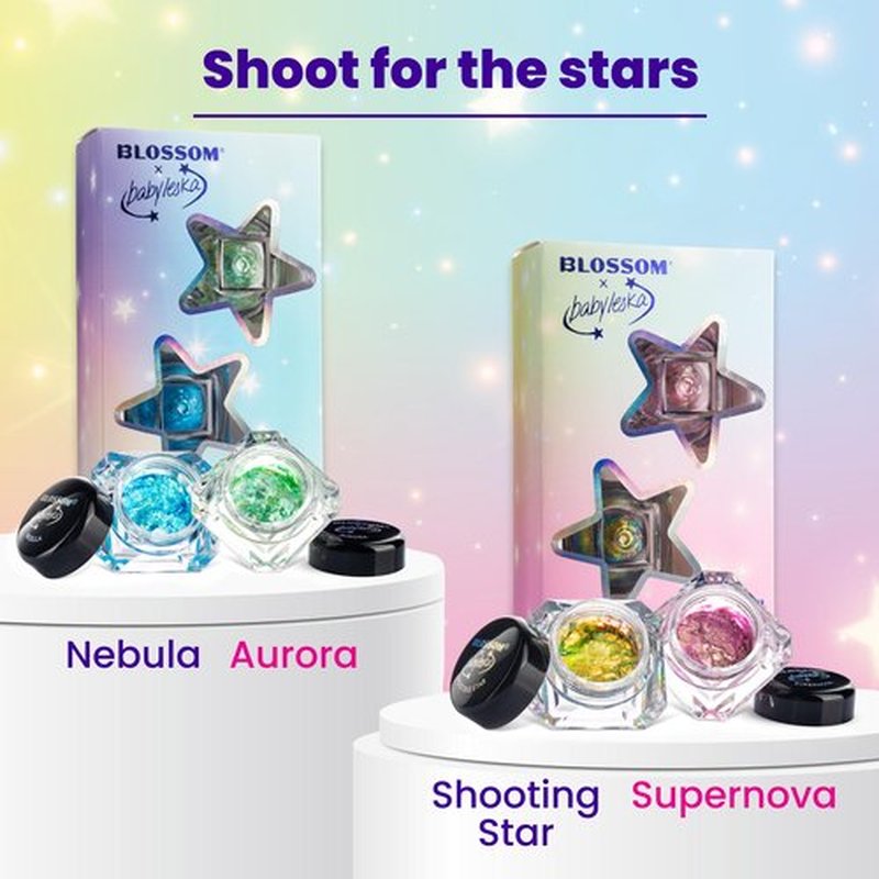 Blossom x babyleska Stellar Glow Gel Chrome Flake Eyeshadow Flake Multichrome Color Gradient Shiny Eye Shadow Topper Multi-Tone High Shine Finish Metallic Glitter Shimmer, 2pk, Supernova/Shooting Star